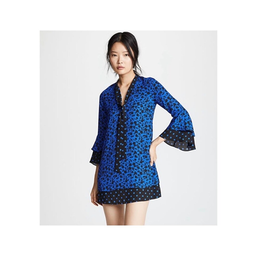 Alice + Olivia Wellesly Tie Neck Bell Sleeve mini Dress Floral and polka dots S